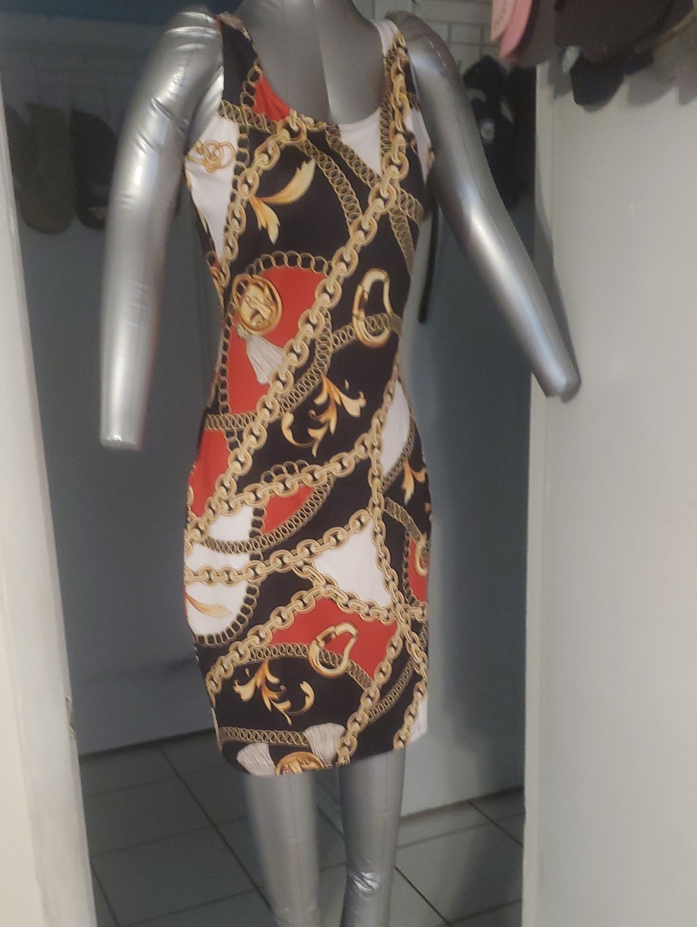 Sleeveless Chain-Print Bodycon Dress in Black, Red & White. Brand New.